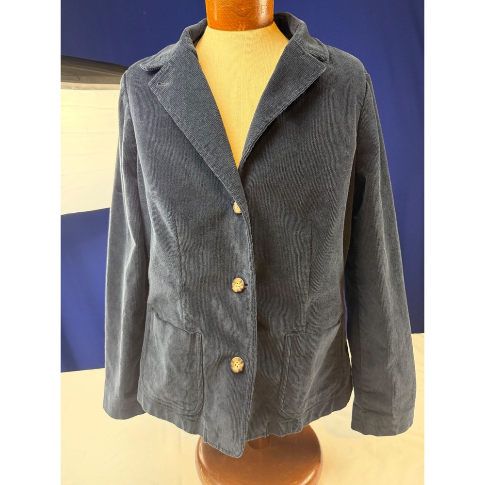 LL Bean Womens Navy Blue Corduroy Blazer Jacket Size 14 Regular Stretch Cotton